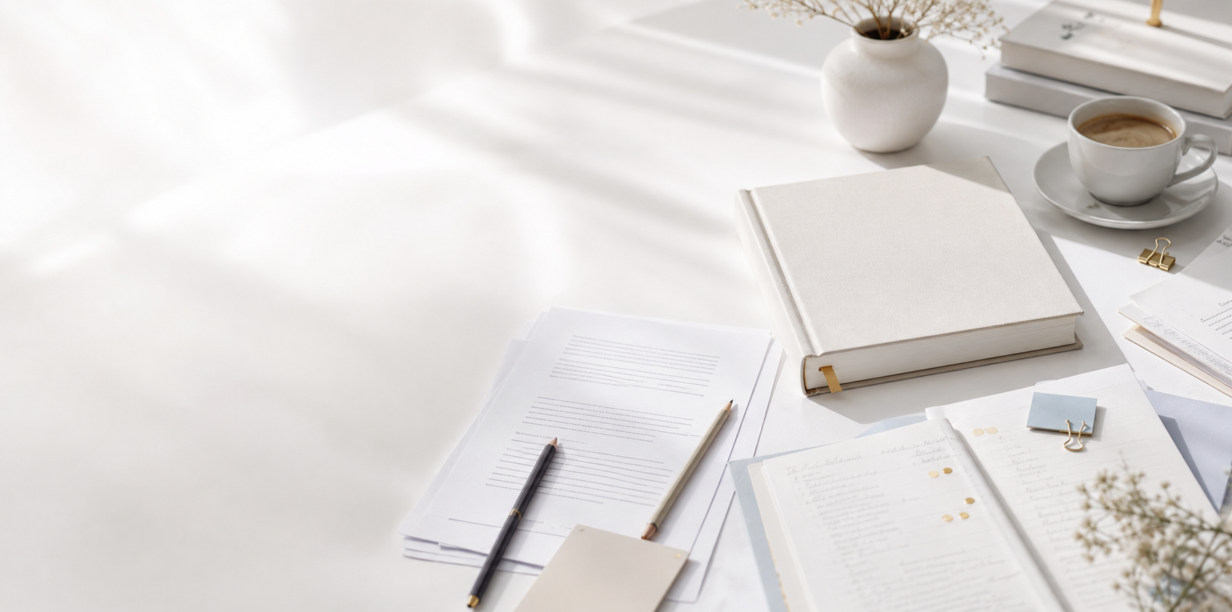 Premium publishing workspace with manuscript planning materials